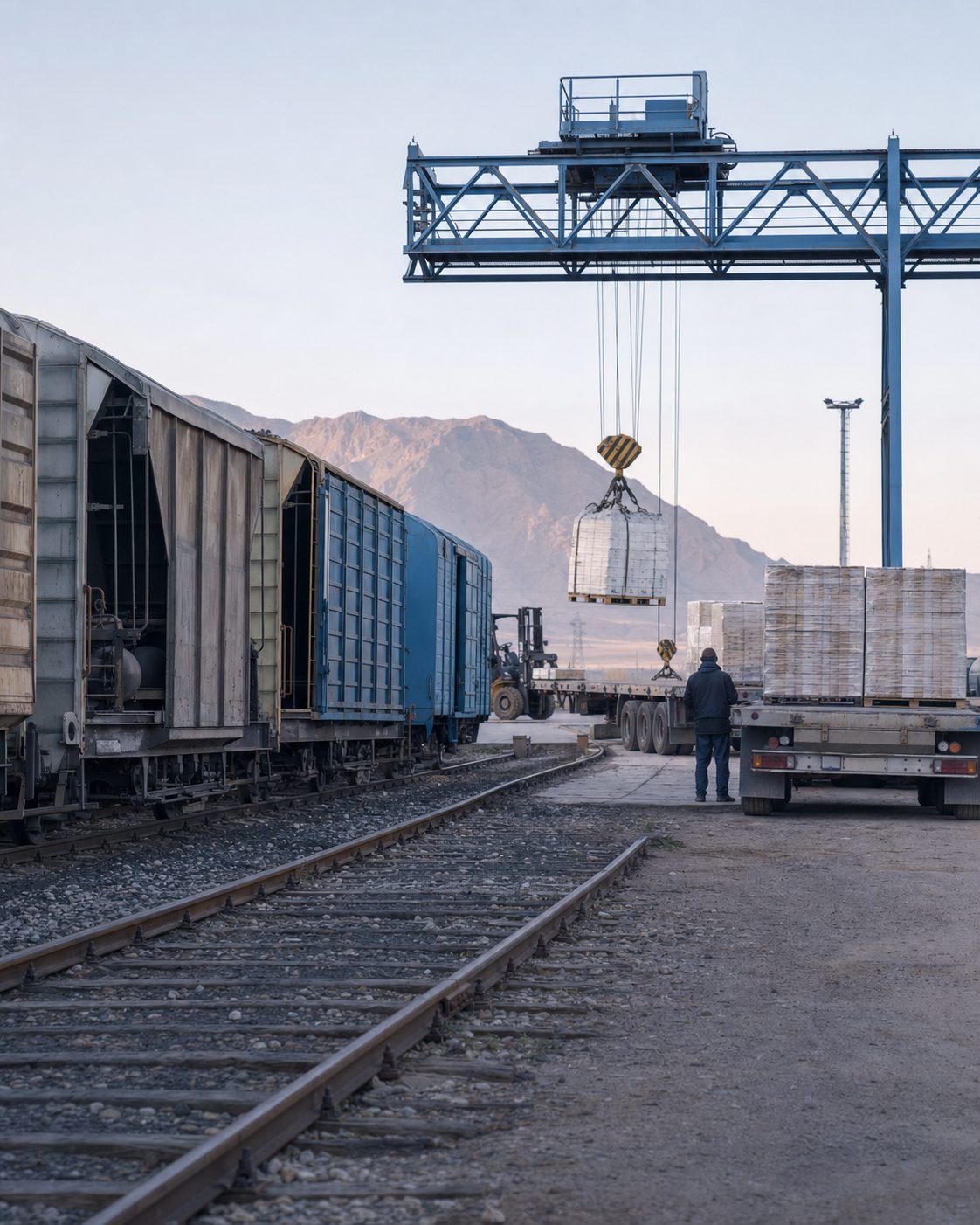 Freight transfer between rail and road at a dry terminal