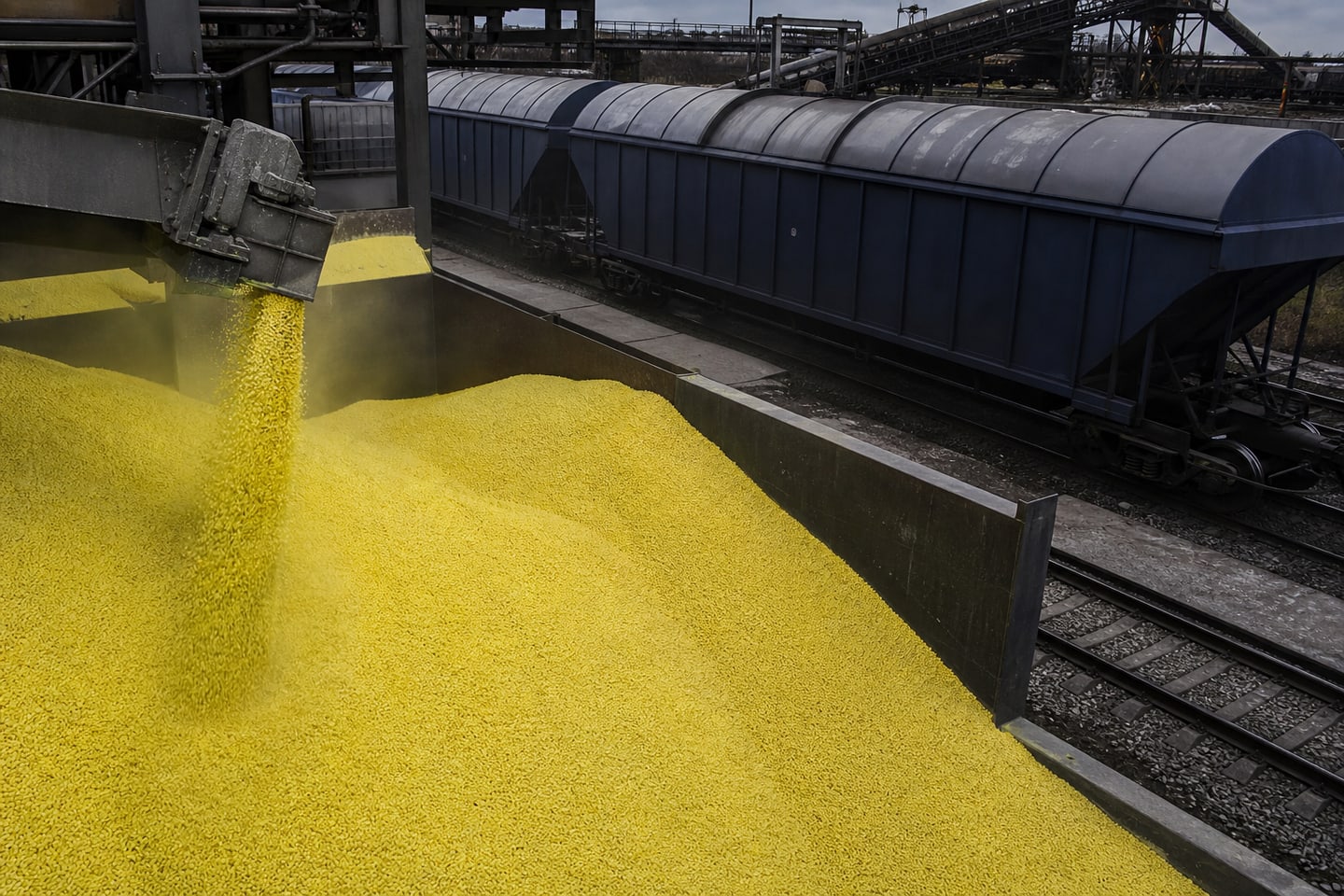 Yellow sulfur granules being loaded beside covered freight wagons